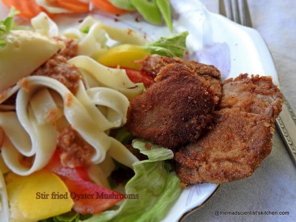 Oyster Mushrooms stir fried Pasta Salad with Mayonnaise and Shallow fried Oyster Mushrooms