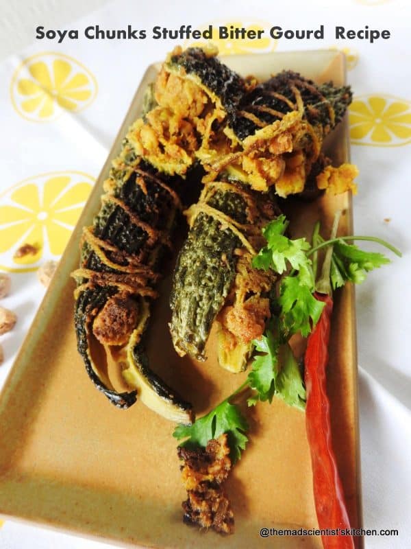 Soya Chunks Stuffed Bitter Gourd Recipe Soya chunks stuffed in Bitter gourd and shallow fried.