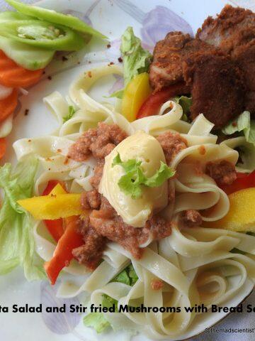 Pasta Salad and Stir fried Mushrooms with Bread Sauce