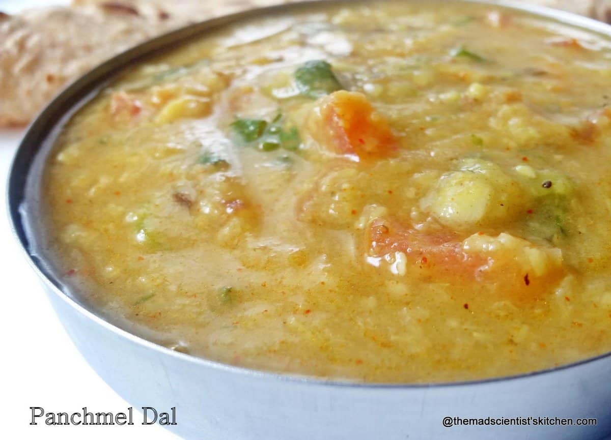 A dal made from 5 lentils namely pigeon pea, split green lentil, red lentils, split bengal gram, split black gram