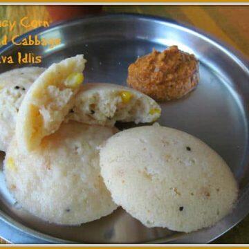 Spicy Corn and cabbage in instant rava idli served with chutney