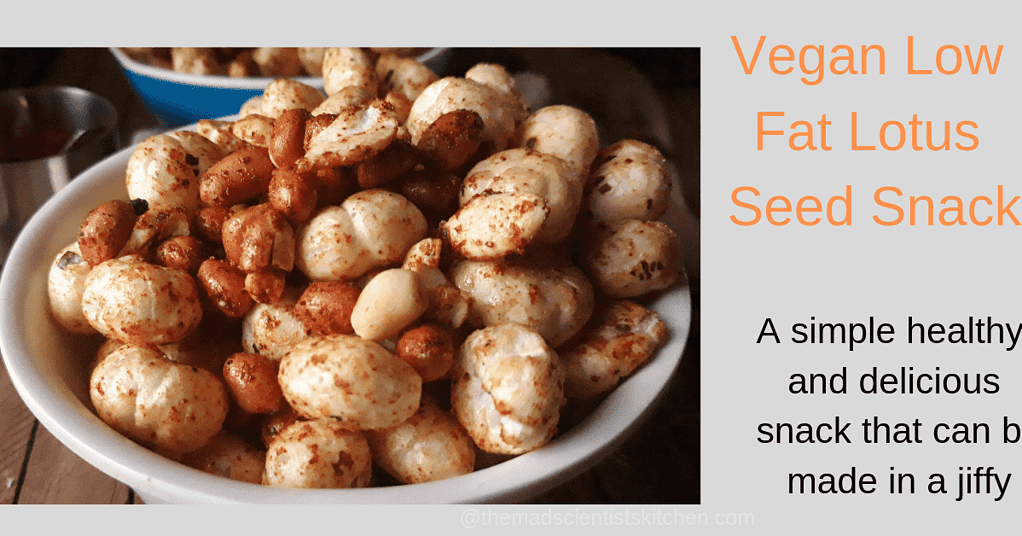 A bowl of roasted lotus seeds with roasted peanuts and cashew nuts, spices and salt bound together with maple syrup