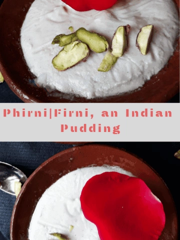 Firni a creamy pudding served garnished with nuts and rose in a clay bowl
