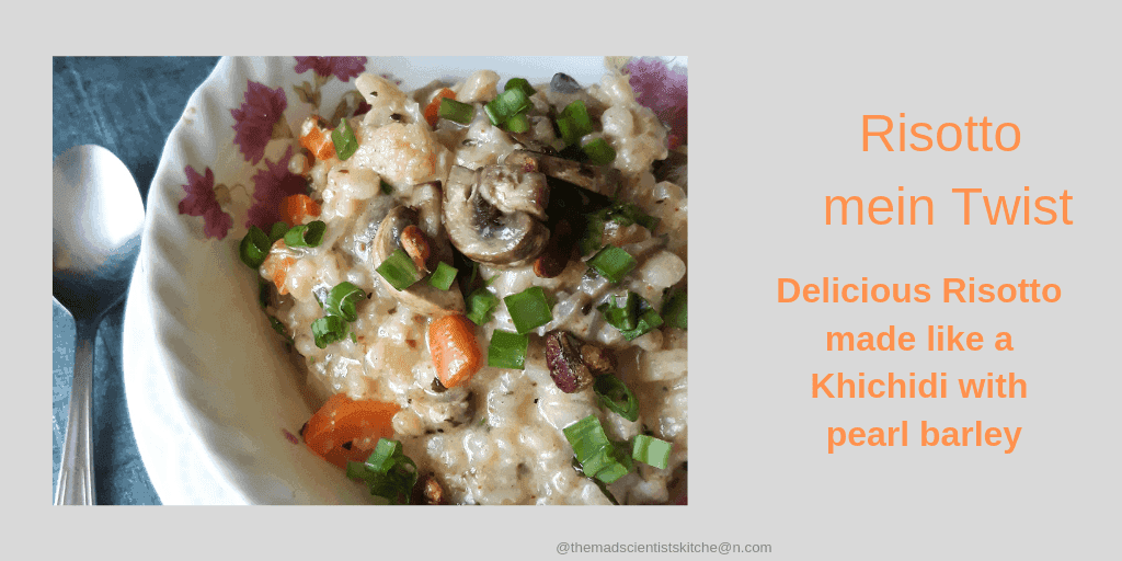 Pearl Barley Risotto make with carrots and mushrooms and garnished with spring onion greens