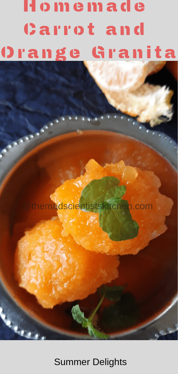 Scoops of Icy Granita made from carrots and oranges and garnished with mint leaves