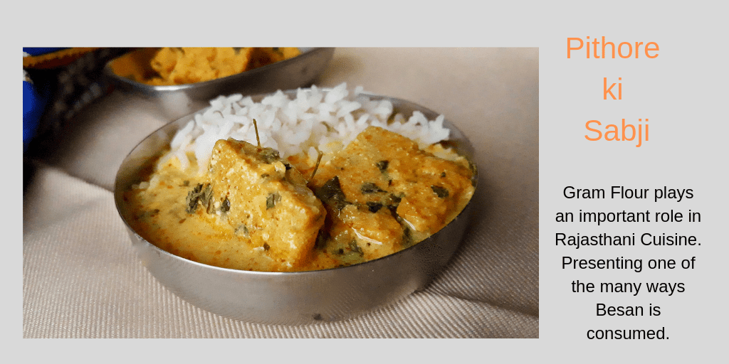 Rice served with Pithore ki Sabzi also called Besan ki Sabji, Patodi ki Sabji