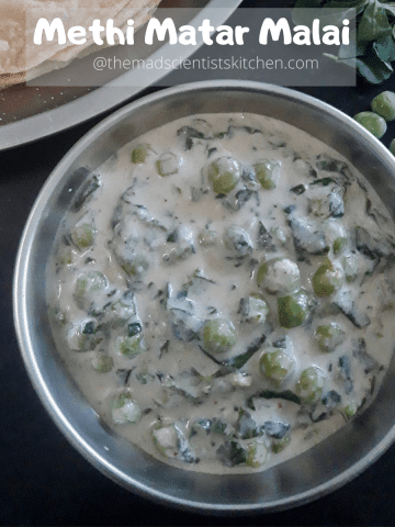 Methi Malai Muttar served with roti, mild and creamy Indian curry with roti