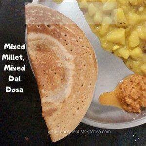 Not just breakfast I hoard a container of dosa batter in my fridge. Useful when you are running shortMixed Millets, Mixed Dal Dosa
