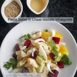 A serving of Pasta Salad in Chaat Masala Vinaigrette