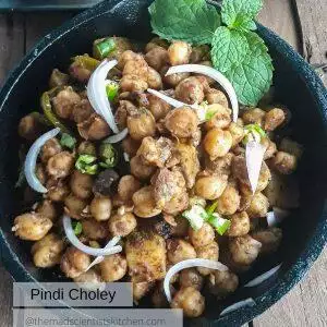 Pindi Chole, a recipe using chickpeas served in a cast iron pan