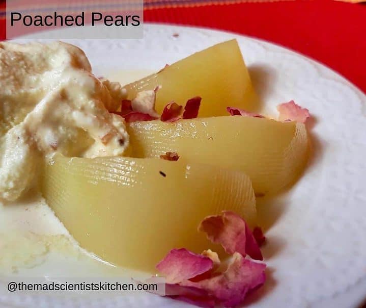 poached pears and ice cream