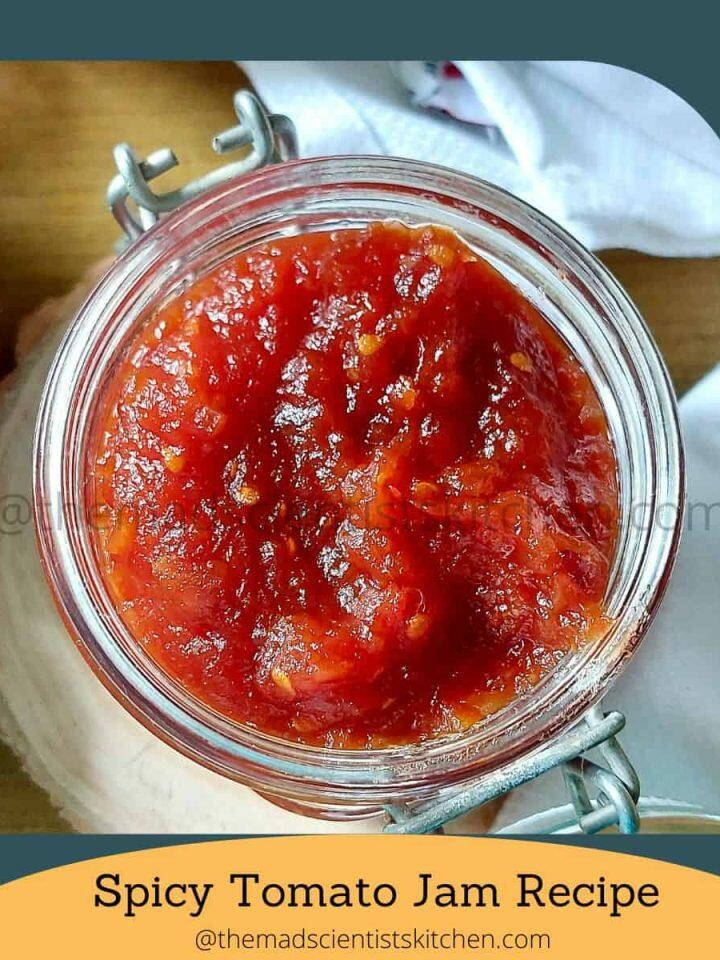 Sweet, tangy and sticky Spicy Jam with Tomato waiting the toast for breakfast.