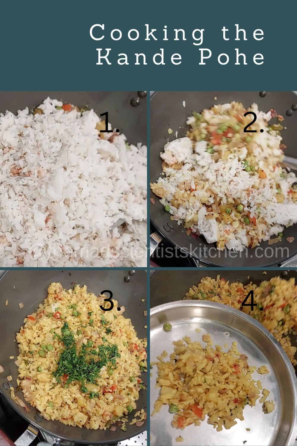 The final steps in making Kande Pohe. Cooking the beaten rice and serving.