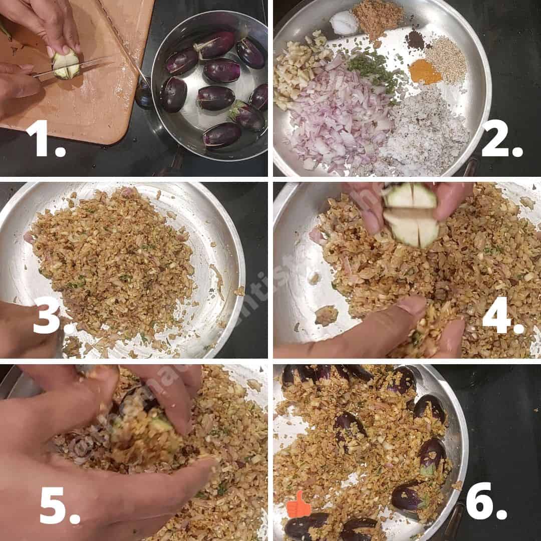 Stepwise pictures of stuffing for baby eggplant
