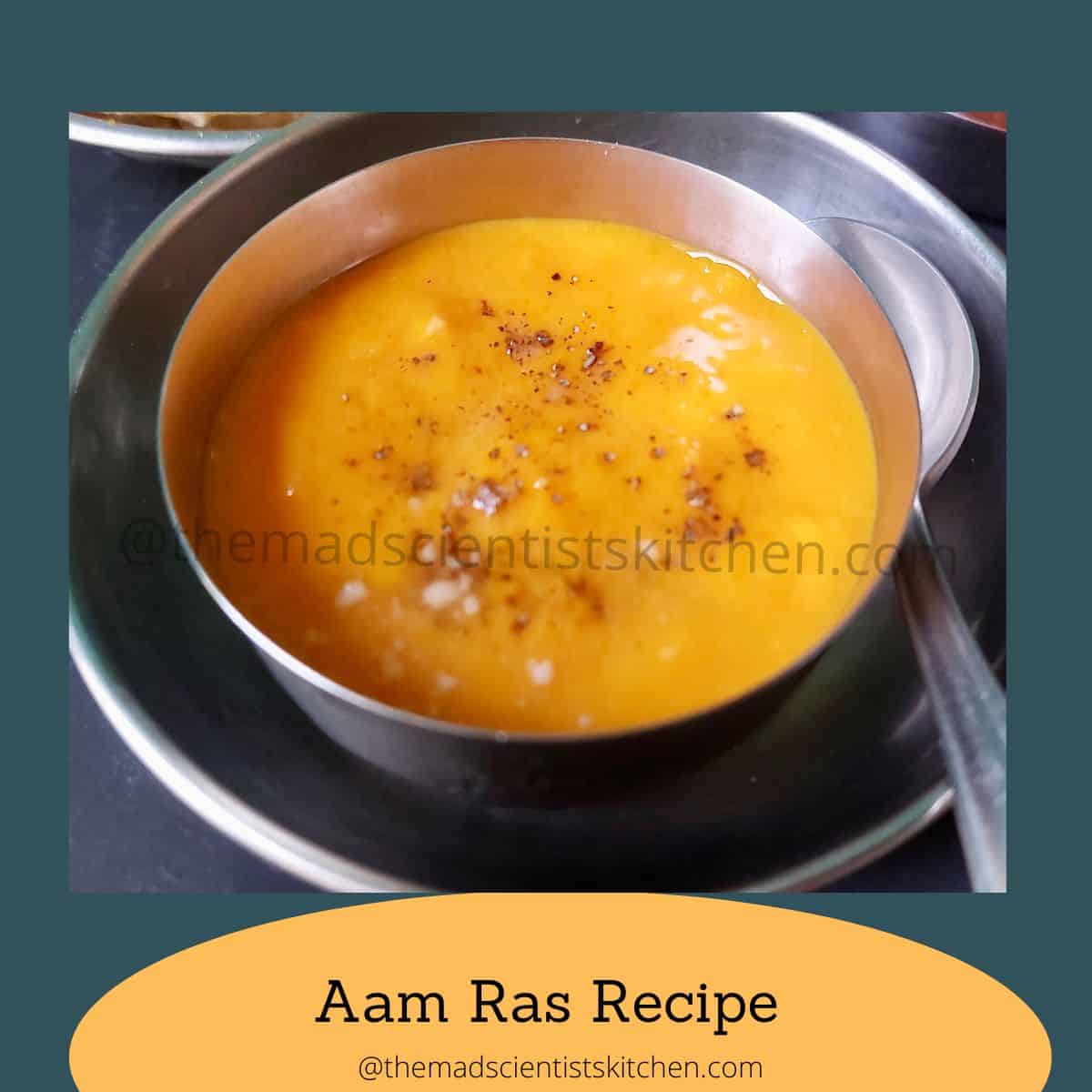 The traditional Indian side dish and dessert Aam Ras served with green cardamon powder sprinkled on top.