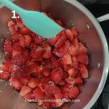 Mixing the ingredients to make strawberry sauce as a topping