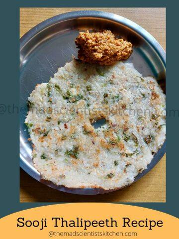 Semolina Thalipeeth a Indian flatbread made from semolina (sooji or rava), herbs and spices. I have used onions, green onions, coconut, cabbage, green chillies, coriander leaves, suagr, salt and ginger to make this easy and quick recipe.