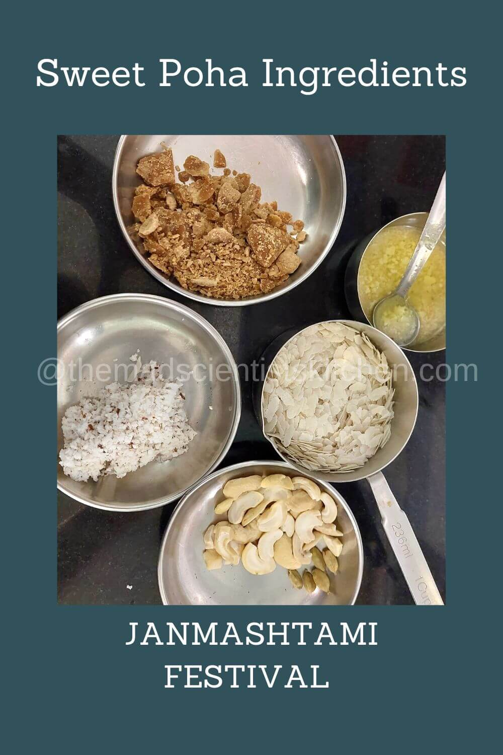 My ingredients for making Sweet Beaten Rice also includes jaggery, clarified butter, freshly grated coconut, cashew nuts and cardamom
