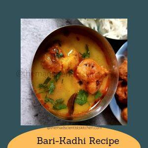 kadhi Bari, a close up of the delicious tangy yogurt curry with soft fried fitters that soak up all the goodness of the Kadhi.
