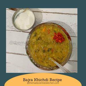 A serving of Bajra Khichdi with fresh turmeric pickle and yogurt. This recipe is perfect for cold winter days.