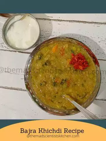 A serving of Bajra Khichdi with fresh turmeric pickle and yogurt. This recipe is perfect for cold winter days.