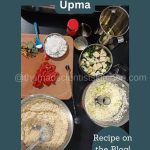 Ingredients for Vegetable Rava Upma – ghee roasted semolina (rava), chopped vegetables, mustard seeds, green chilies, curry leaves, and oil arranged on a kitchen counter.