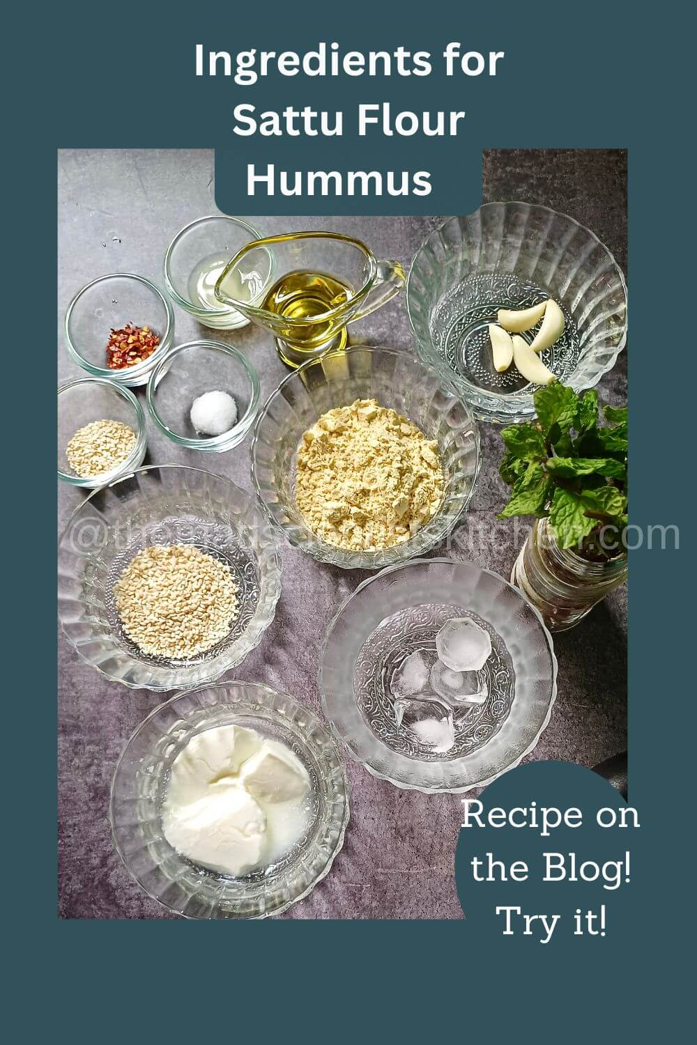 Your ingredients for a desi twist to hummus! Sattu flour hummus is a no-cook recipe! Try it!