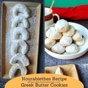 Kourabiethes, buttery Greek almond cookies coated in snowy powdered sugar.