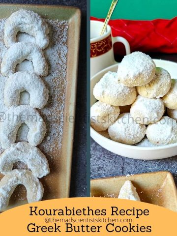 Kourabiethes, buttery Greek almond cookies coated in snowy powdered sugar.
