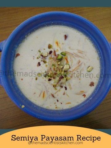 A warm, creamy bowl of Semiya Payasam garnished with golden roasted cashews and raisins, infused with cardamom and saffron.
