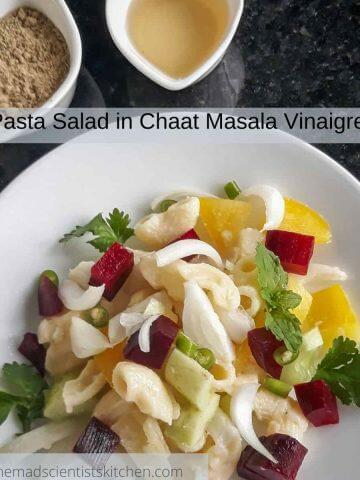 A serving of Pasta Salad in Chaat Masala Vinaigrette